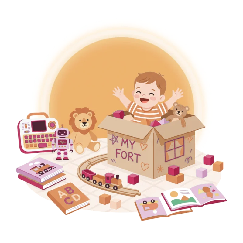 Illustration of a toddler playing with a cardboard box while toys sit nearby