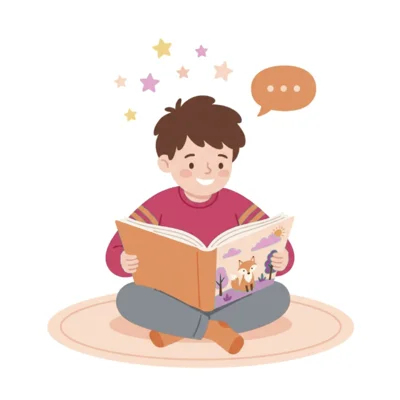 Illustration of a child reading a picture book
