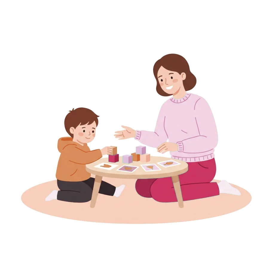 Illustration of a speech-language pathologist playing with a child at a play table